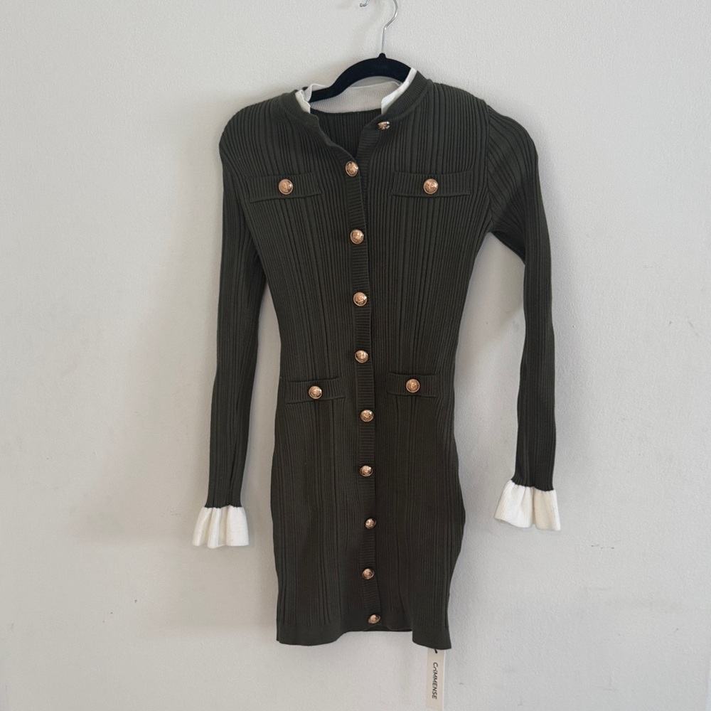 Commense Olive Green Long Sleeve Ribbed Button Dress with White Cuff Detail